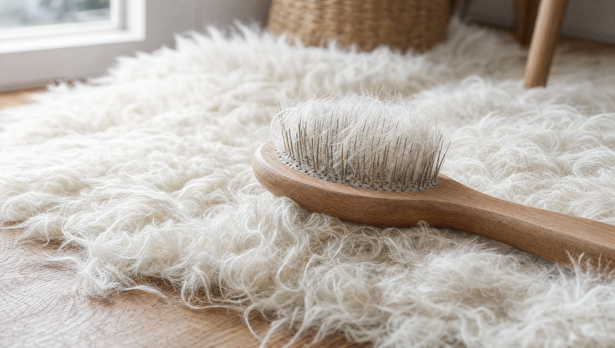 Spazzola per pelle di pecora su una pelle a pelo lungo